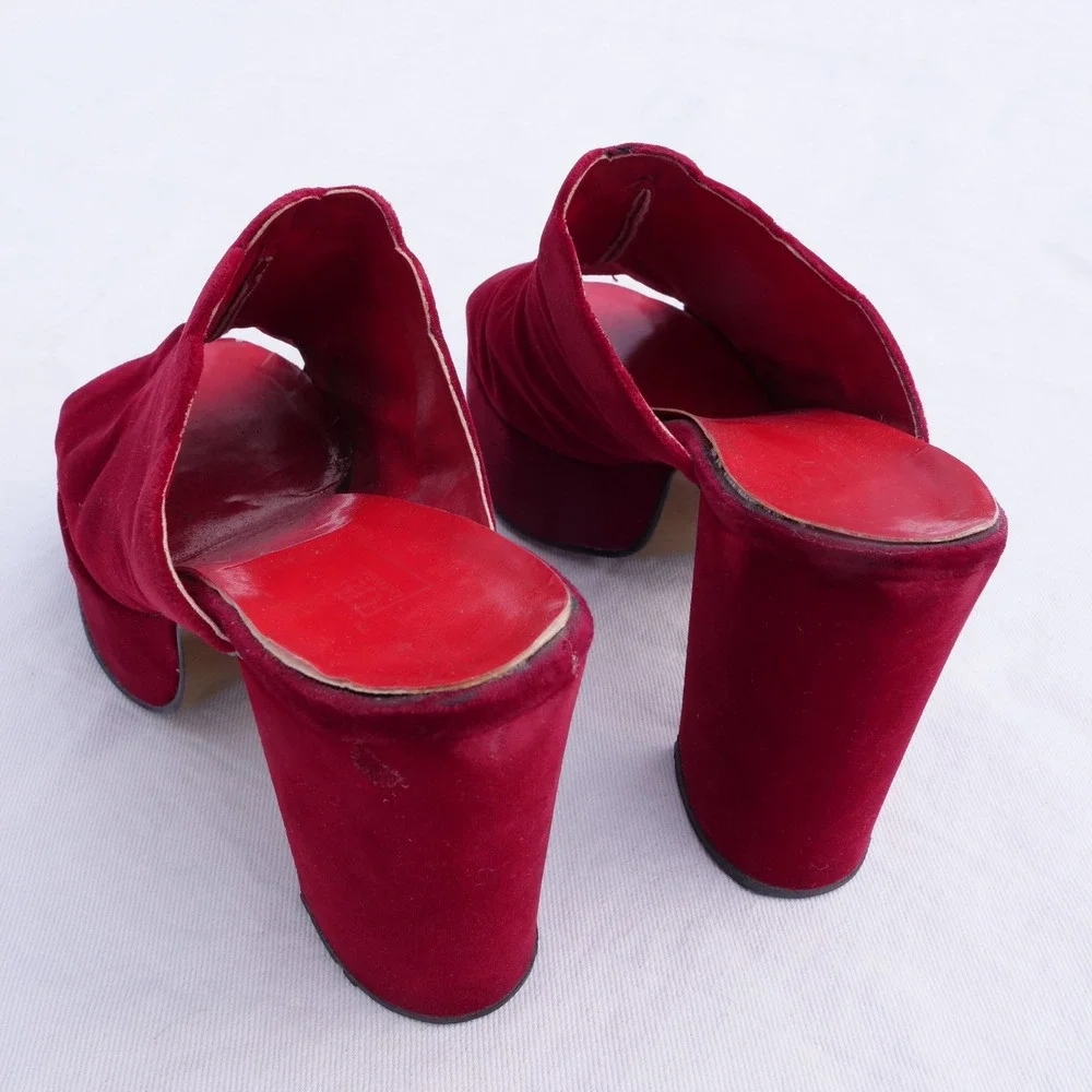 True vintage 1970s Montgomery Ward red velvet open toe platforms mules